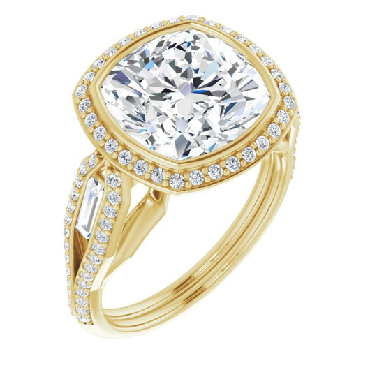 10K Yellow Gold Customizable Cathedral-Bezel Cushion Cut Design with Halo, Split-Pavé Band & Channel Baguettes