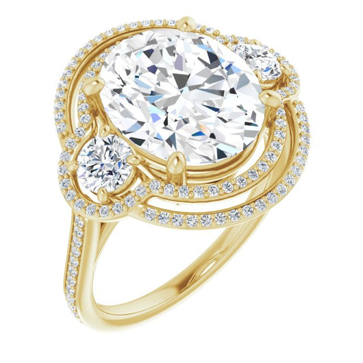 10K Yellow Gold Customizable Enhanced 3-stone Double-Halo Style with Oval Cut Center and Thin Band