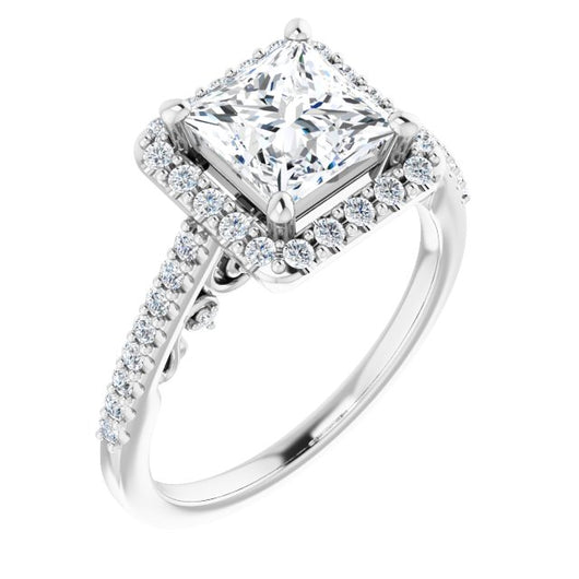 10K White Gold Customizable Cathedral-Halo Princess/Square Cut Design with Carved Metal Accent plus Pavé Band