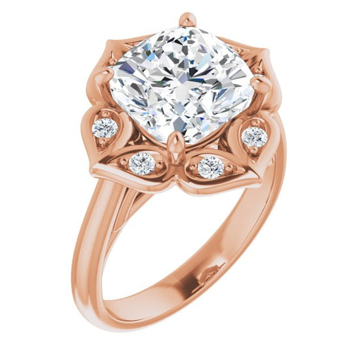 10K Rose Gold Customizable Cathedral-raised Cushion Cut Design with Star Halo & Round-Bezel Peekaboo Accents