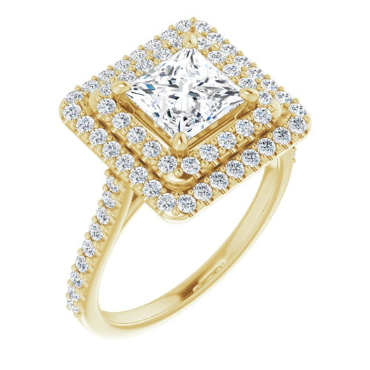 10K Yellow Gold Customizable Double-Halo Princess/Square Cut Design with Accented Split Band