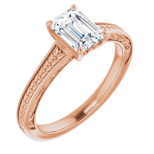 10K Rose Gold Customizable Emerald/Radiant Cut Solitaire with Organic Textured Band and Decorative Prong Basket