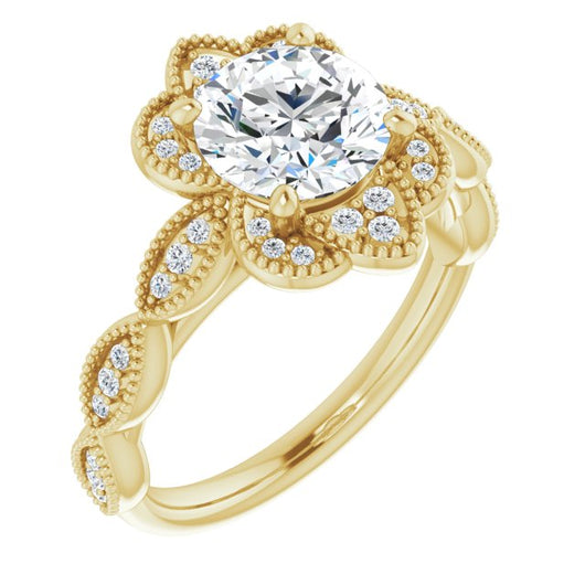 10K Yellow Gold Customizable Cathedral-style Round Cut Design with Floral Segmented Halo & Milgrain+Accents Band