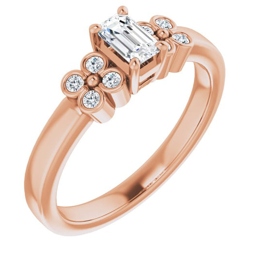 10K Rose Gold Customizable 9-stone Design with Emerald/Radiant Cut Center and Complementary Quad Bezel-Accent Sets