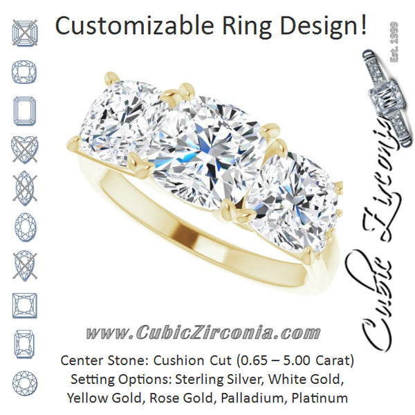 Cubic Zirconia Engagement Ring- The Skylah (Customizable Triple Cushion Cut Design with Quad Vertical-Oriented Round Accents)