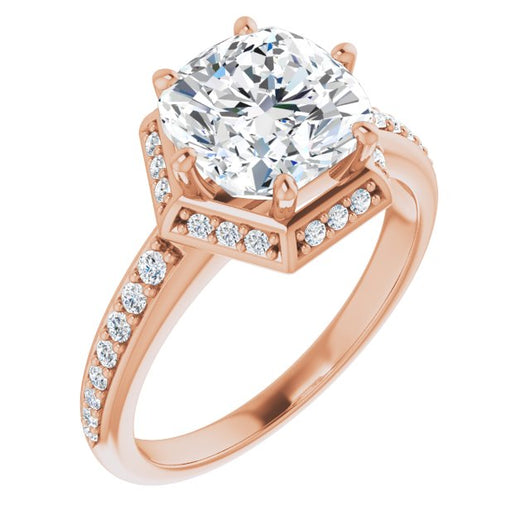 10K Rose Gold Customizable Cushion Cut Design with Geometric Under-Halo and Shared Prong Band