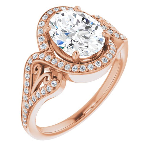 10K Rose Gold Customizable Oval Cut Design with Bypass Halo and Split-Shared Prong Band