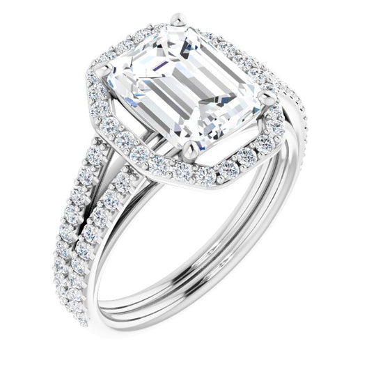 10K White Gold Customizable Cathedral Emerald/Radiant Cut Design with Geometric Halo & Split Pavé Band