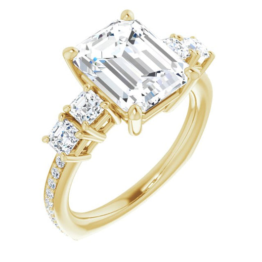 10K Yellow Gold Customizable Emerald/Radiant Cut 5-stone Style with Quad Emerald/Radiant Accents plus Shared Prong Band