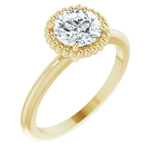 10K Yellow Gold Customizable Round Cut Solitaire with Beaded Metallic Milgrain