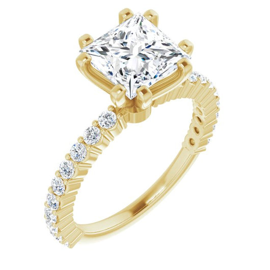 10K Yellow Gold Customizable 8-prong Princess/Square Cut Design with Thin, Stackable Pav? Band