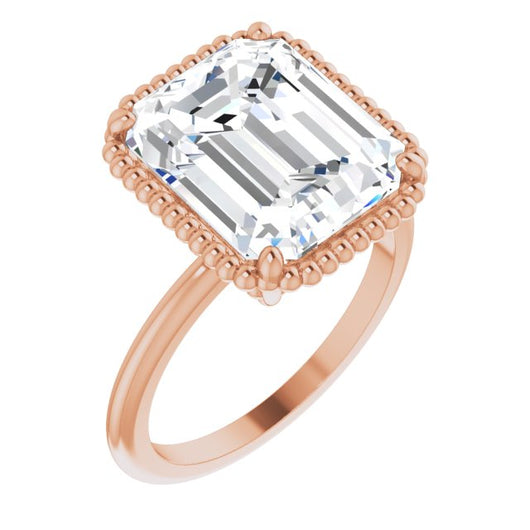 10K Rose Gold Customizable Emerald/Radiant Cut Solitaire with Beaded Metallic Milgrain