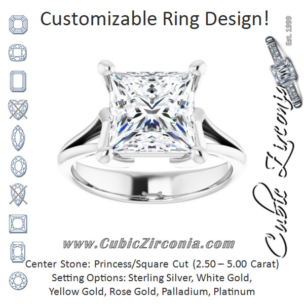 Cubic Zirconia Engagement Ring- The Frankie (Customizable Cathedral-Raised Princess/Square Cut Solitaire with Angular Chevron Split Band)