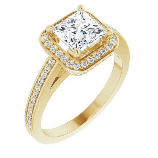 10K Yellow Gold Customizable Cathedral-set Princess/Square Cut Design with Halo, Thin Pavé Band & Round-Bezel Peekaboos