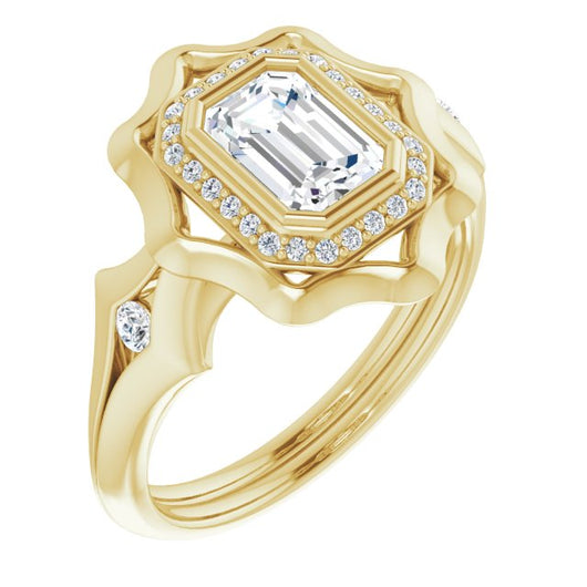 10K Yellow Gold Customizable Bezel-set Emerald/Radiant Cut with Halo & Oversized Floral Design