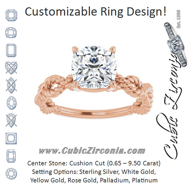 Cubic Zirconia Engagement Ring- The Jazzlyn (Customizable Cushion Cut Solitaire with Infinity-inspired Twisting-Rope Split Band)