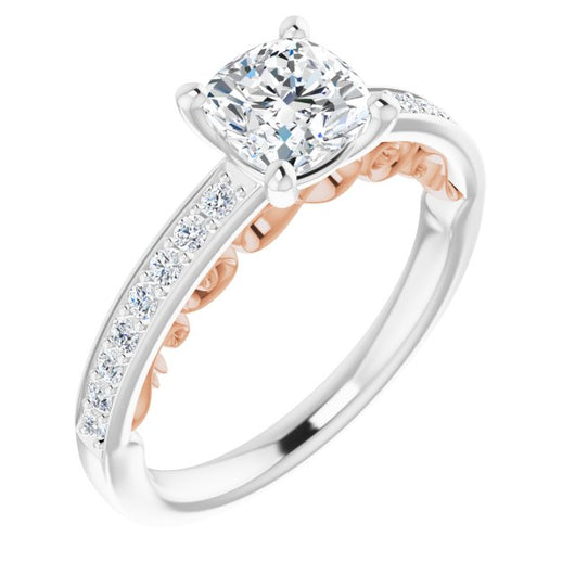 14K White & Rose Gold Customizable Cushion Cut Design featuring 3-Sided Infinity Trellis and Round-Channel Accented Band