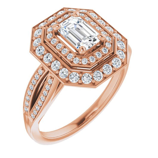 10K Rose Gold Customizable Cathedral-style Emerald/Radiant Cut Design with Double Halo & Split-Pavé Band