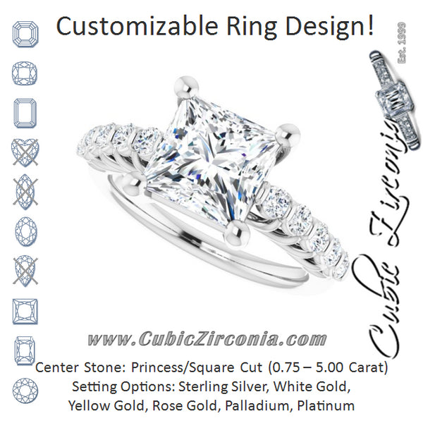 Cubic Zirconia Engagement Ring- The Alaia (Customizable Princess/Square Cut Style with Round Bar-set Accents)