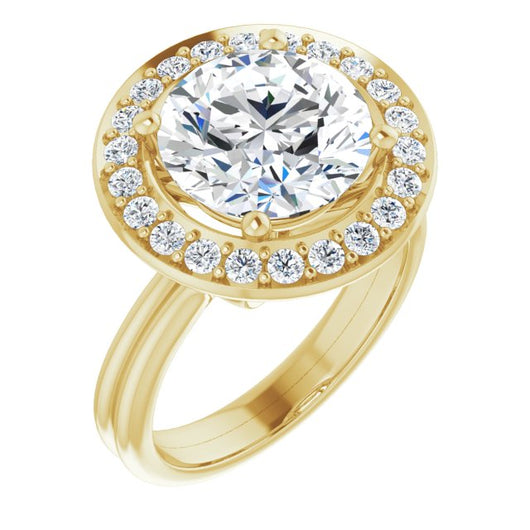 10K Yellow Gold Customizable Cluster-Halo Accented Round Cut Style with Tapered Dual Band