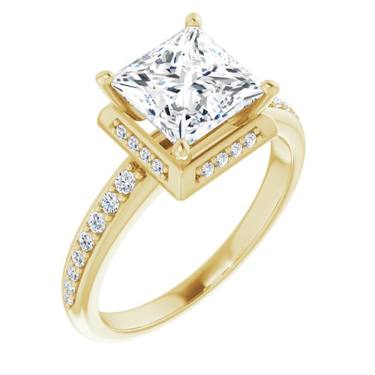 10K Yellow Gold Customizable Princess/Square Cut Design with Geometric Under-Halo and Shared Prong Band