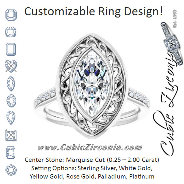 Cubic Zirconia Engagement Ring- The Hailey Belle (Customizable Cathedral-Bezel Marquise Cut Design with Floral Filigree and Thin Shared Prong Band)