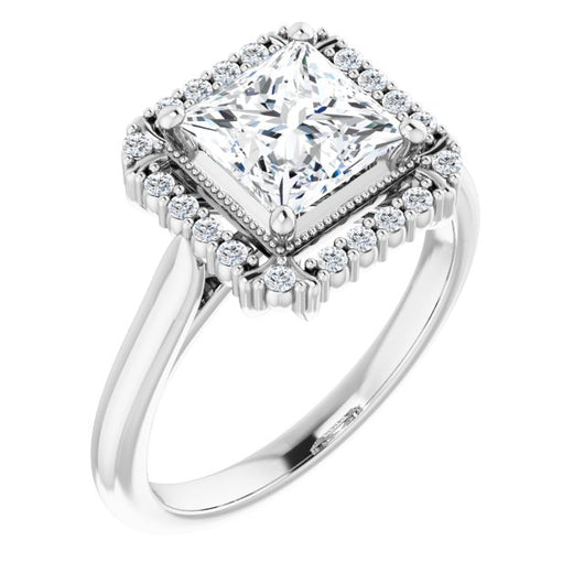 10K White Gold Customizable Princess/Square Cut Design with Majestic Crown Halo and Raised Illusion Setting