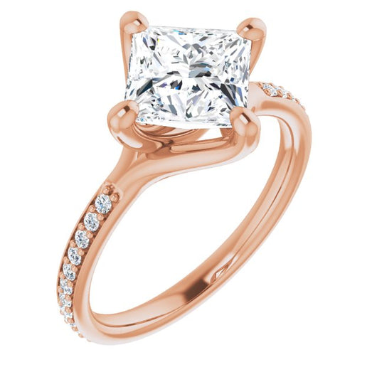 10K Rose Gold Customizable Princess/Square Cut Design featuring Thin Band and Shared-Prong Round Accents