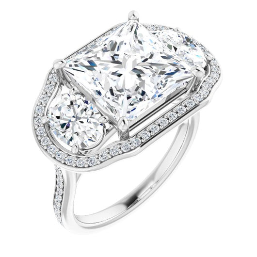 10K White Gold Customizable Princess/Square Cut Style with Oval Cut Accents, 3-stone Halo & Thin Shared Prong Band