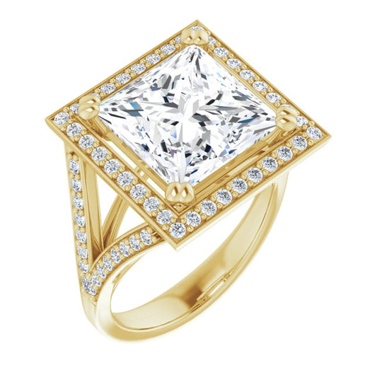 10K Yellow Gold Customizable Cathedral-set Princess/Square Cut Style with Accented Split Band and Halo