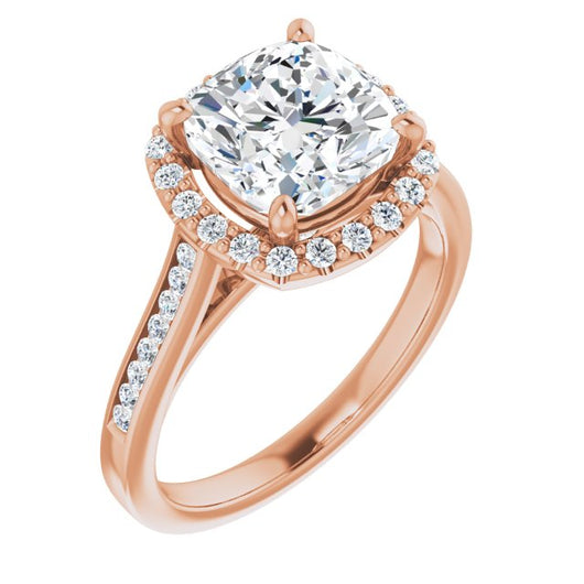 10K Rose Gold Customizable Cushion Cut Design with Halo, Round Channel Band and Floating Peekaboo Accents