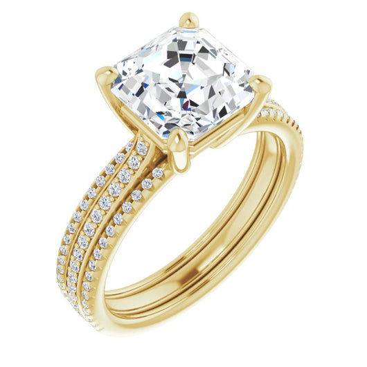 10K Yellow Gold Customizable Asscher Cut Center with Wide Pavé Accented Band