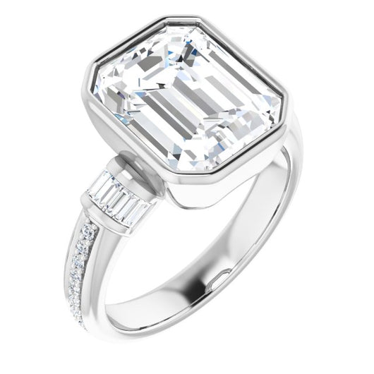 10K White Gold Customizable Cathedral-Bezel Emerald/Radiant Cut Style with Horizontal Baguettes & Shared Prong Band