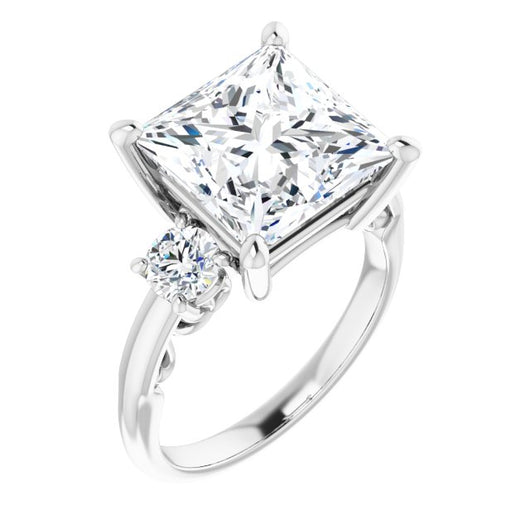 10K White Gold Customizable Princess/Square Cut 3-stone Style featuring Heart-Motif Band Enhancement