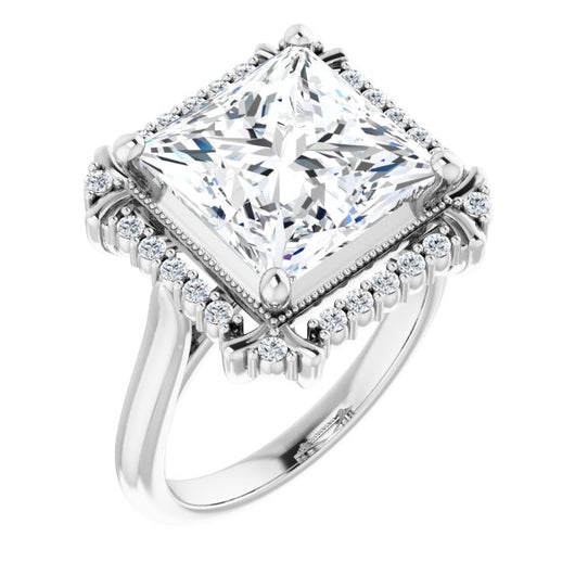 10K White Gold Customizable Princess/Square Cut Design with Majestic Crown Halo and Raised Illusion Setting