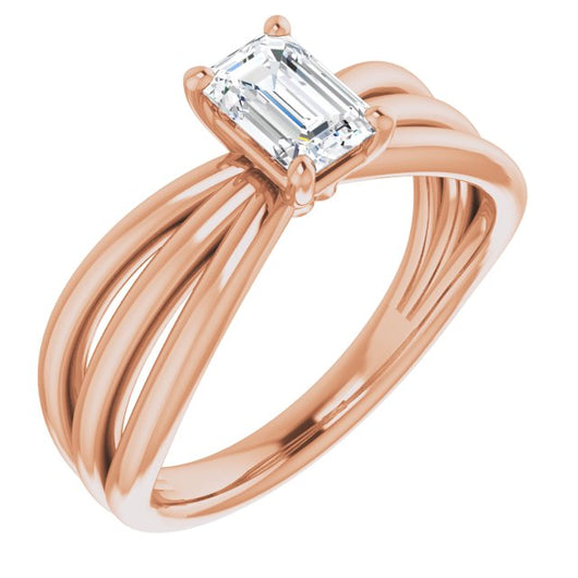 10K Rose Gold Customizable Emerald/Radiant Cut Solitaire Design with Wide, Ribboned Split-band