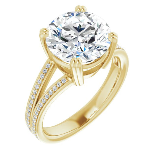 10K Yellow Gold Customizable Round Cut Center with 100-stone* "Waterfall" Pavé Split Band