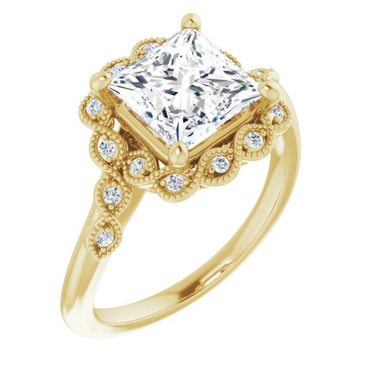 10K Yellow Gold Customizable 3-stone Design with Princess/Square Cut Center and Halo Enhancement