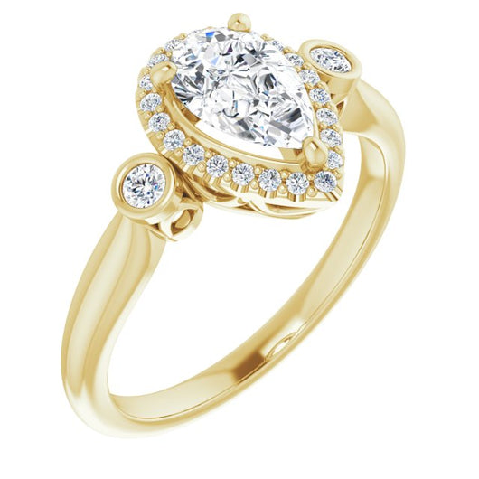 10K Yellow Gold Customizable Pear Cut Style with Halo and Twin Round Bezel Accents