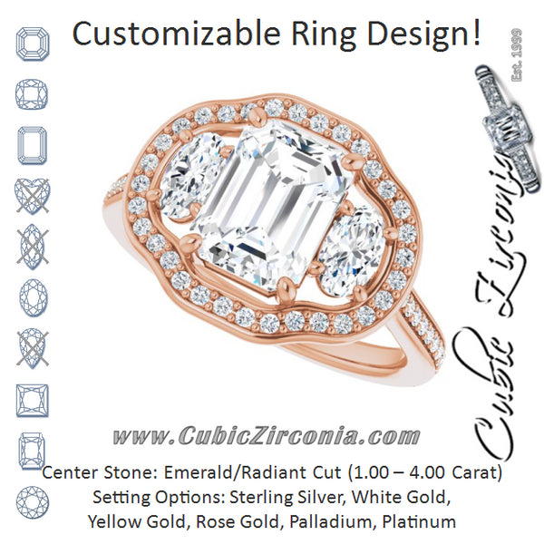 Cubic Zirconia Engagement Ring- The Dulce (Customizable Emerald Cut Style with Oval Cut Accents, 3-stone Halo & Thin Shared Prong Band)