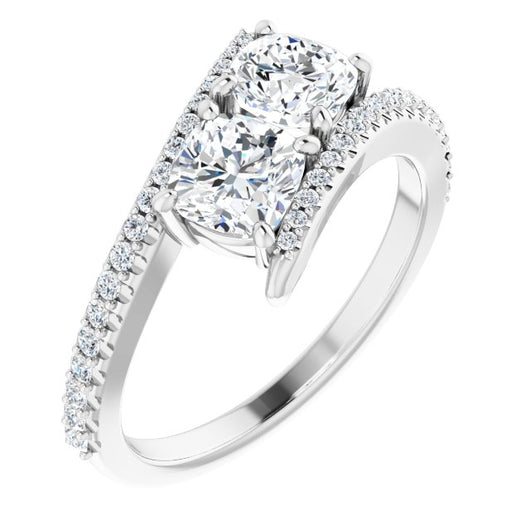 10K White Gold Customizable Double Cushion Cut 2-stone Design with Ultra-thin Bypass Band and Pavé Enhancement