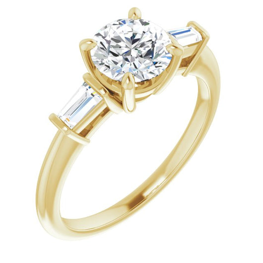 10K Yellow Gold Customizable 3-stone Round Cut Design with Dual Baguette Accents)