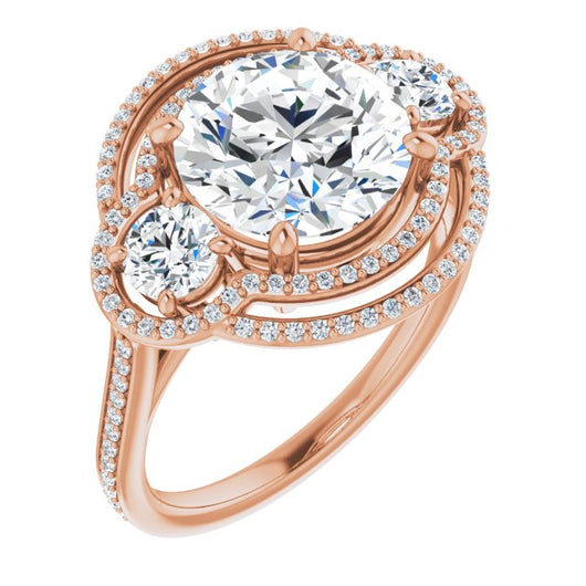 10K Rose Gold Customizable Enhanced 3-stone Double-Halo Style with Round Cut Center and Thin Band