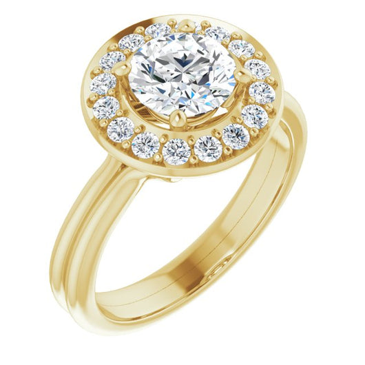 10K Yellow Gold Customizable Cluster-Halo Accented Round Cut Style with Tapered Dual Band