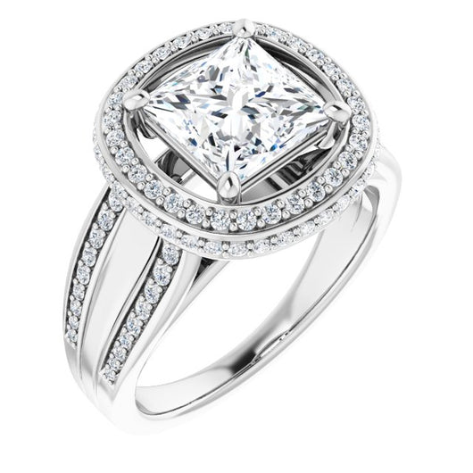 10K White Gold Customizable Halo-style Princess/Square Cut with Under-halo & Ultra-wide Band