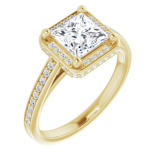 10K Yellow Gold Customizable Cathedral-Halo Princess/Square Cut Design with Under-halo & Shared Prong Band