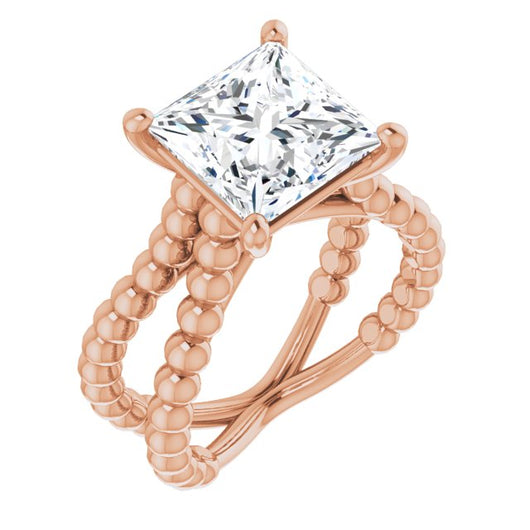 10K Rose Gold Customizable Princess/Square Cut Solitaire with Wide Beaded Split-Band