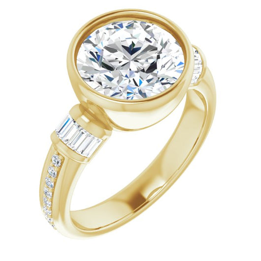 10K Yellow Gold Customizable Cathedral-Bezel Round Cut Style with Horizontal Baguettes & Shared Prong Band