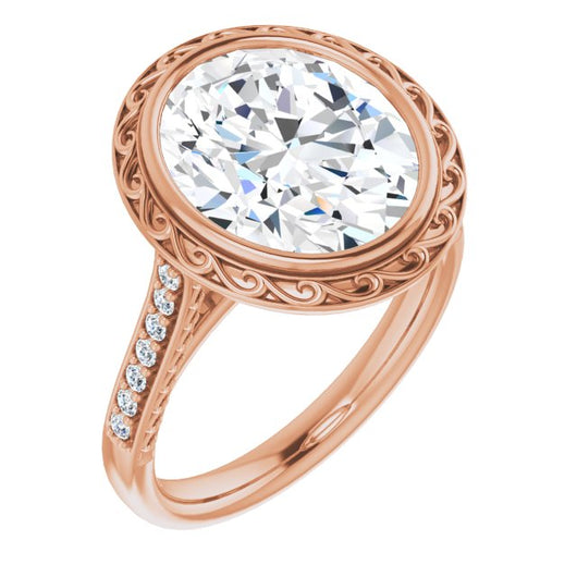 10K Rose Gold Customizable Cathedral-Bezel Oval Cut Design featuring Accented Band with Filigree Inlay