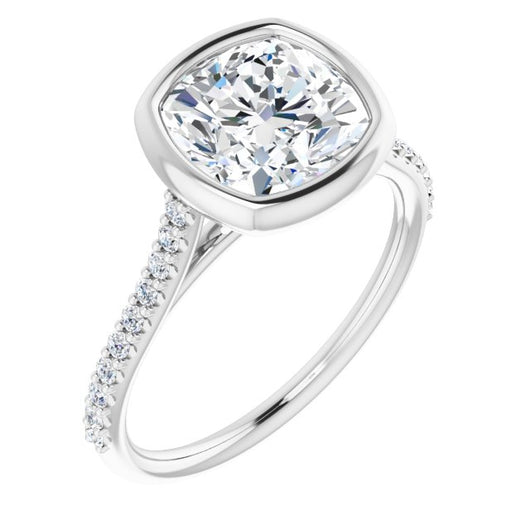 10K White Gold Customizable Bezel-set Cushion Cut Style with Ultra-thin Pavé-Accented Band